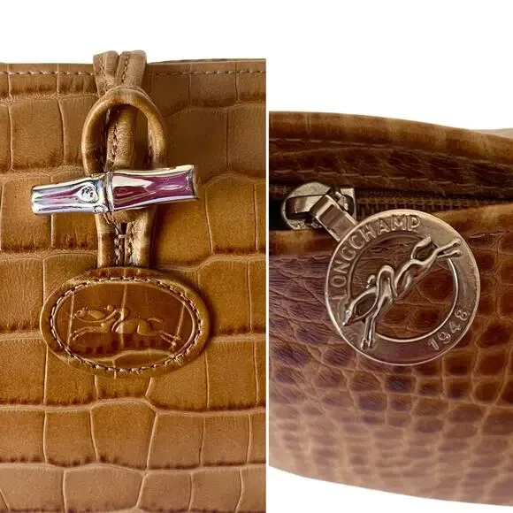 Longchamp Roseau Croc Embossed Shoulder Bag Vintage Leather Y2K Bamboo Toggle